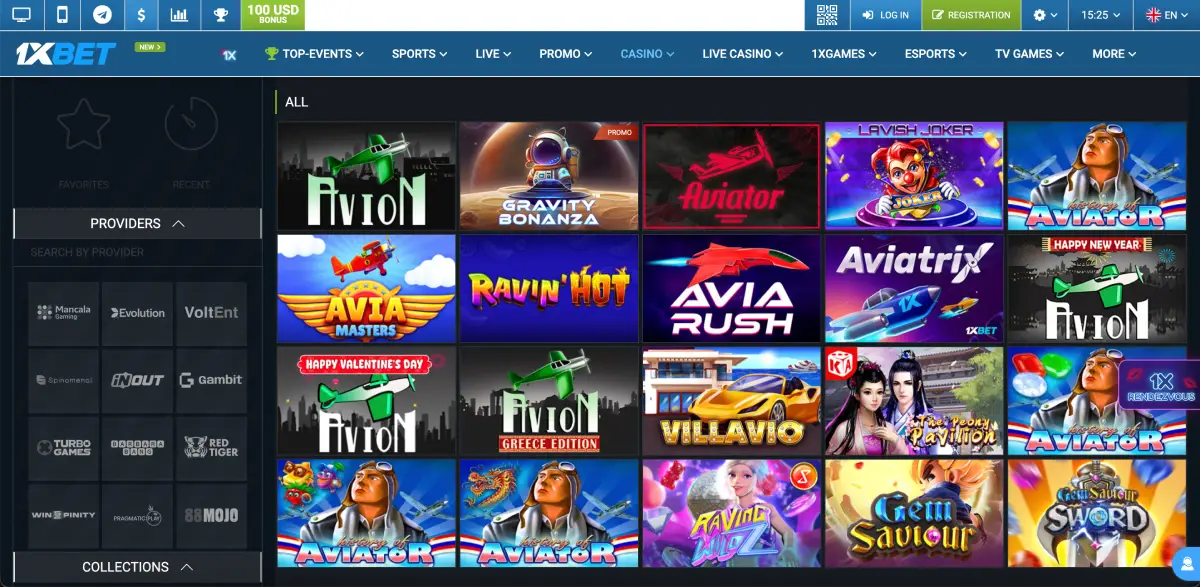 Результати пошуку Aviatrix в інтерфейсі 1xBet