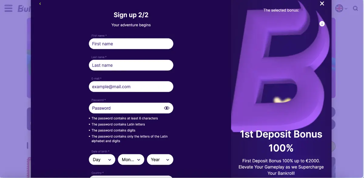 Registration form at Bullsbet casino
