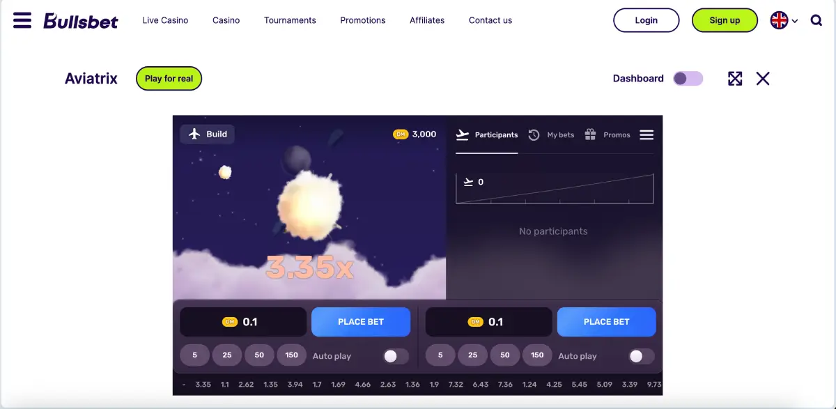 Aviatrix crash game interface on Bullsbet